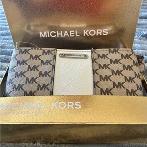Michael Kors Brown and White MK Signature Continental belt wallet fanny pack